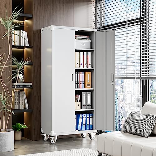 Aobabo Garage Storage Cabinet with Wheels,72" H Metal Storage Cabinet with 2 Doors and 4 Adjustable Shelves for Garage Home, Black,Required-Assembly