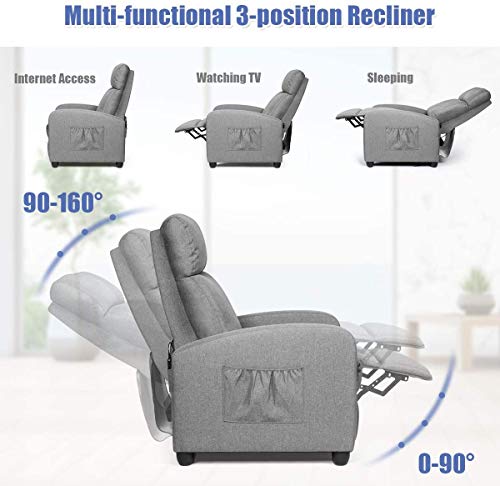 LDAILY Massage Recliner Sofa, Reading Chair Winback for Living Room, Single Sofa with Side Pocket, Home Theater Seating Massage Reclining Chair, Linen Padded Seat Backrest (Gray)