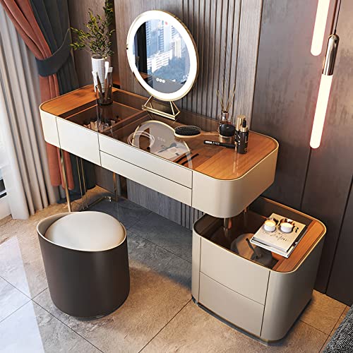 Vanity Desk Mirror and Lights, Mordern Dressing Table & Flexible Side Cabinet & Makeup Stool for Bedroom, Wood Frame Leather Finish Glass Top (47in)