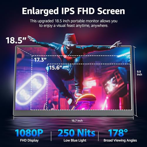 Portable Gaming Monitor 18.5 inch 1080P 100 Hz 120% sRGB USB-C HDMI Large Portable Monitor for Laptop MacBook Xbox PS4/5 Switch, Travel Monitor with Kickstand VESA Speakers