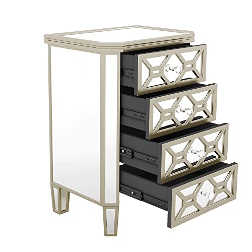 4-Drawer Chest Mirrored Bedroom Chests with Golden Lines, Crystal-Shape Knob, Glass Luster Tall Storage Cabinet for Bedroom Living Room, Entryway, Porch (Silver)