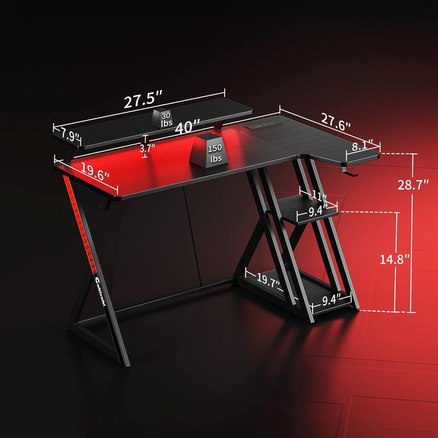 CubiCubi Aurora Gaming Desk with LED Lights & Power Outlets, 40 Inch L Shaped Carbon Fiber Surface Desk with Storage Shelves, Small Corner Computer Desk with Monitor Shelf, Gamer Desk PC Table, Black