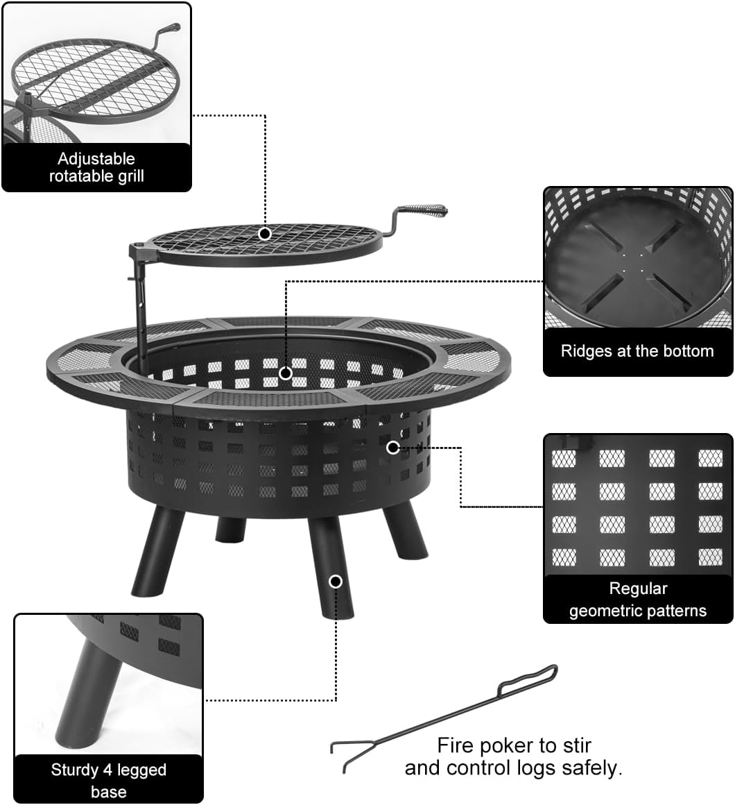 36 inch Outdoor Fire Pit with Grill, Wood Burning Firepit,for Family Gatherings Camping, Backyard, Patio,BBQ,Bonfire