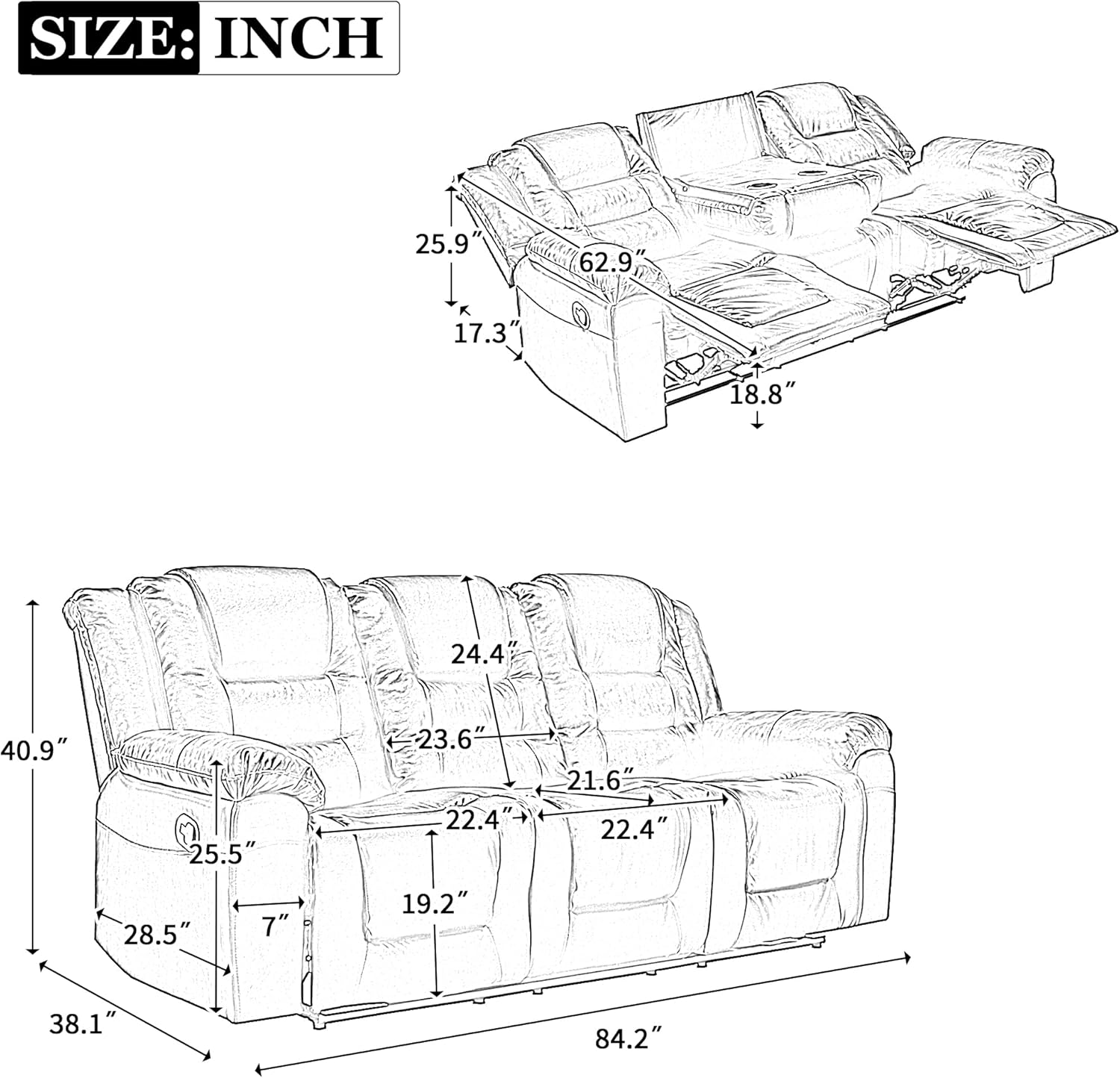 3 Seater Wall Hugger Manual Reclining Loveseat Couch, Faxu Leather Motion Sofa RV Chair Home Theater Lounge Seating with Center Console and Fold Down Table w/Cupholders for Living Room Office