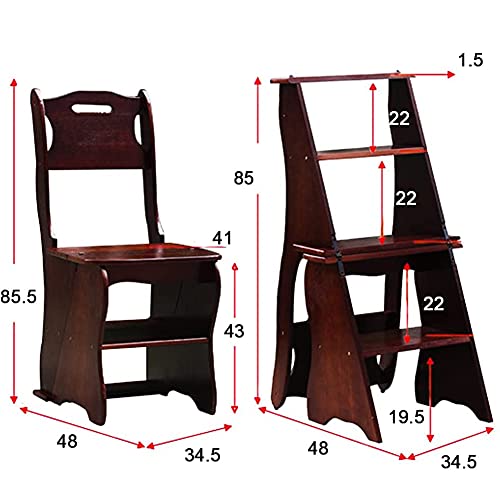 Wooden Folding Library Ladder Chair 2 in 1 Lightweight Portable Multifunctional Step Stool, 4 Step Stool Dual Purpose Step Ladders Display Stand and Flower Stand for Home (Brown)