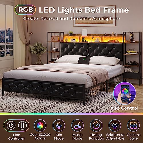 DICTAC Bed Frame King Size with Bookcase Storage Headboard and Charging Station King Size Metal Led Platform Bed with LED Lights and Upholstered Headboard,King Size Bed,No Box Spring Needed,Black