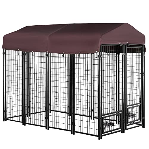 PawHut 4.6' x 4.6' x 5' Dog Kennel Outside, Welded Wire Outdoor Dog Kennel Run with Waterproof & UV Resistant Cover, for S&M Breeds, Chickens, Ducks, Black