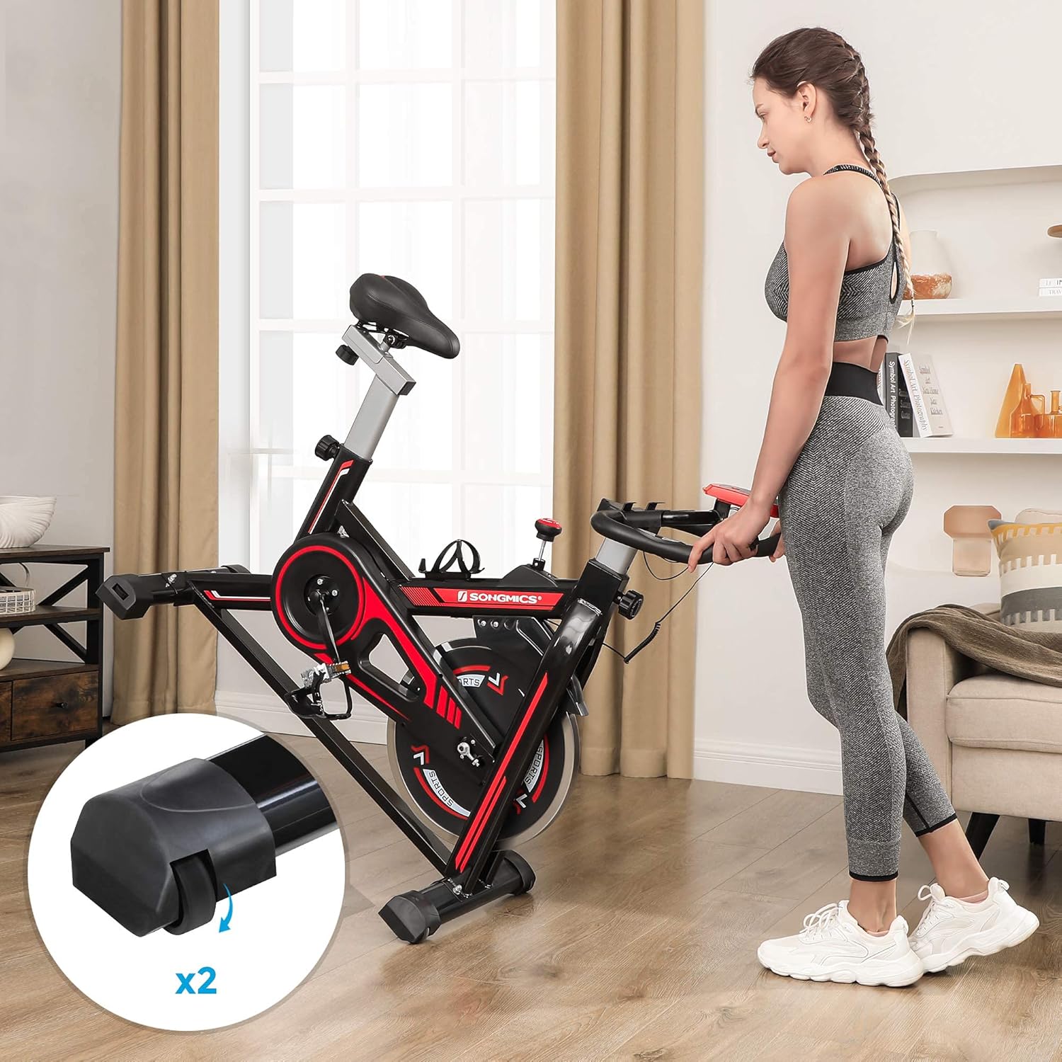 SONGMICS Stationary Bike, Indoor Cycling Bike, Exercise Bike, and Fitness Trainer, with Adjustable Handlebar, Seat, and Resistance, Pulse Sensor, Caged Pedals, Black and Red USEB617R01