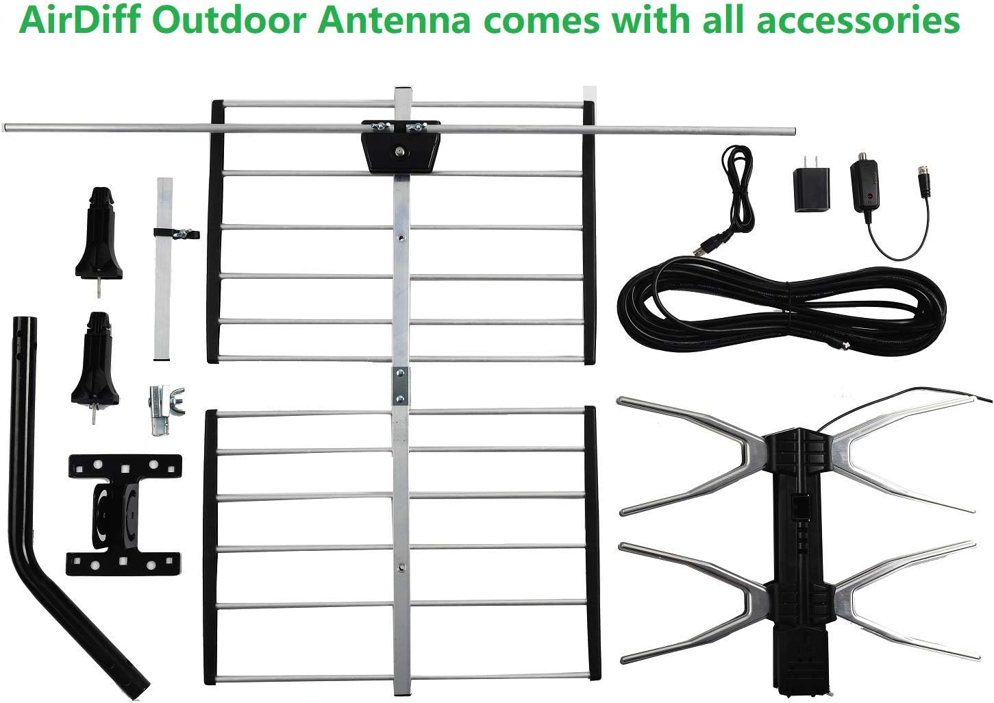 AirDiff HDTV Digital Outdoor Antenna Amplified 150 Miles Long Range - UHF/VHF Signals/Hardware Mounting Pole/ 40 Feet RG6 Coaxial Cable/Easy Install