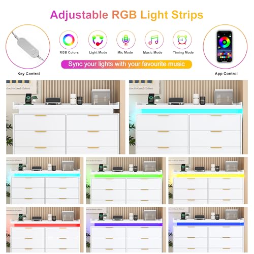 White Dresser with LED Lights, Wooden LED Dresser, 4 Drawer Chest with Charging Station, Tall Chest of Drawer Closet Organizer for Bedroom, Living Room, Entryway, Hallway