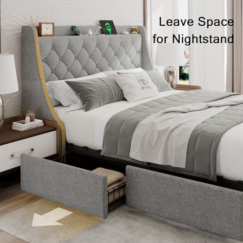 Upholstered Full Size Bed Frame with 4 Storage Drawers, Platform Bed Frame with Wingback Headboard, Charging Station, No Box Spring Needed, Beige