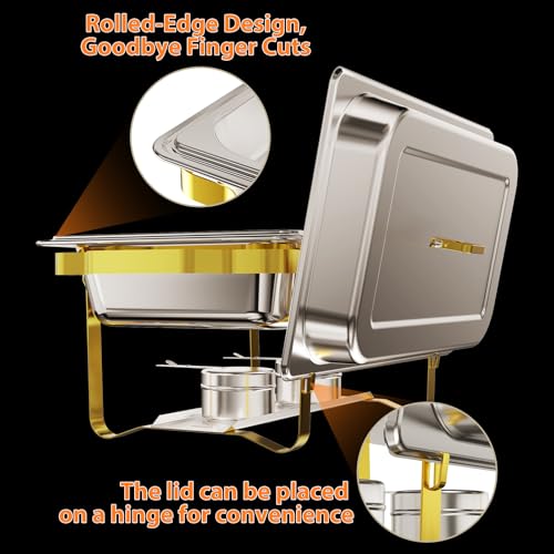 ROOMTEC Chafing Dishes for Buffet 4 Pack, 8QT 304 Stainless Steel Chafing Dish Buffet Set, Chafers and Buffet Warmers Sets for Birthday, Wedding, Rolled-Edge Design, Gold and Silver