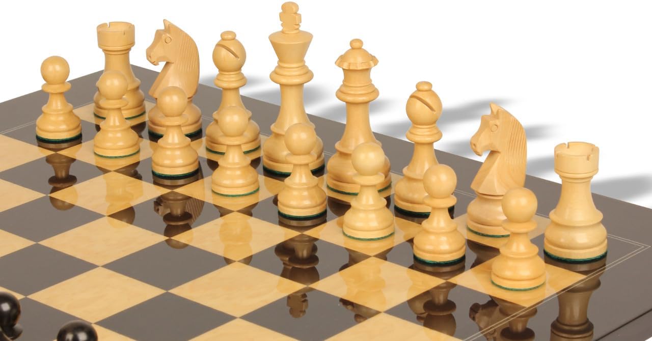 German Knight Staunton Chess Set Ebonized & Boxwood Pieces with Black & Ash Burl Chess Board - 3.75" King