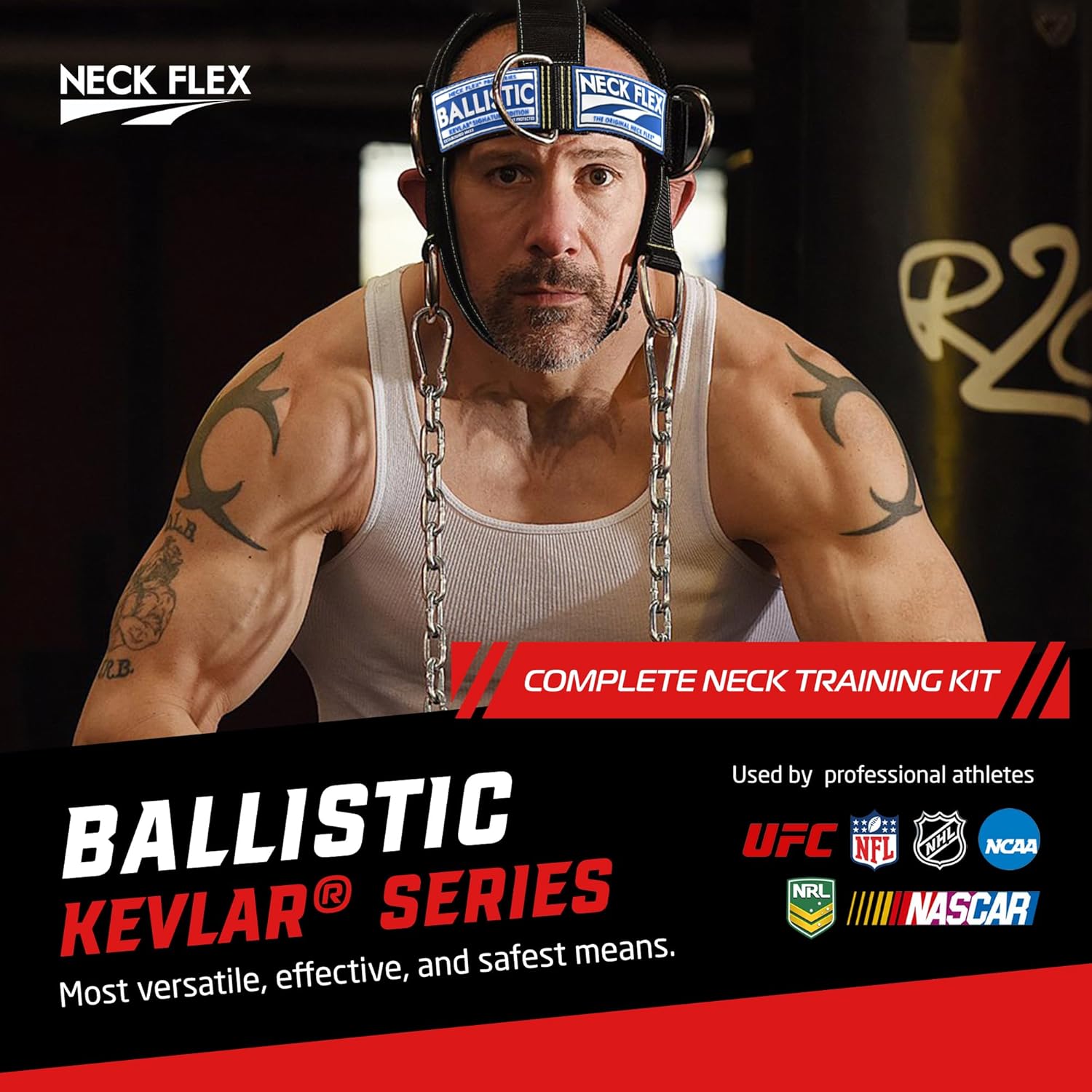 Ballistic Kevlar® Series, Neck Harness Trainer Kit, Functional Trainer & Weight Lifting Equipment, Heavy-Duty Head Harness with Chain, Resistance Band & Door Anchor