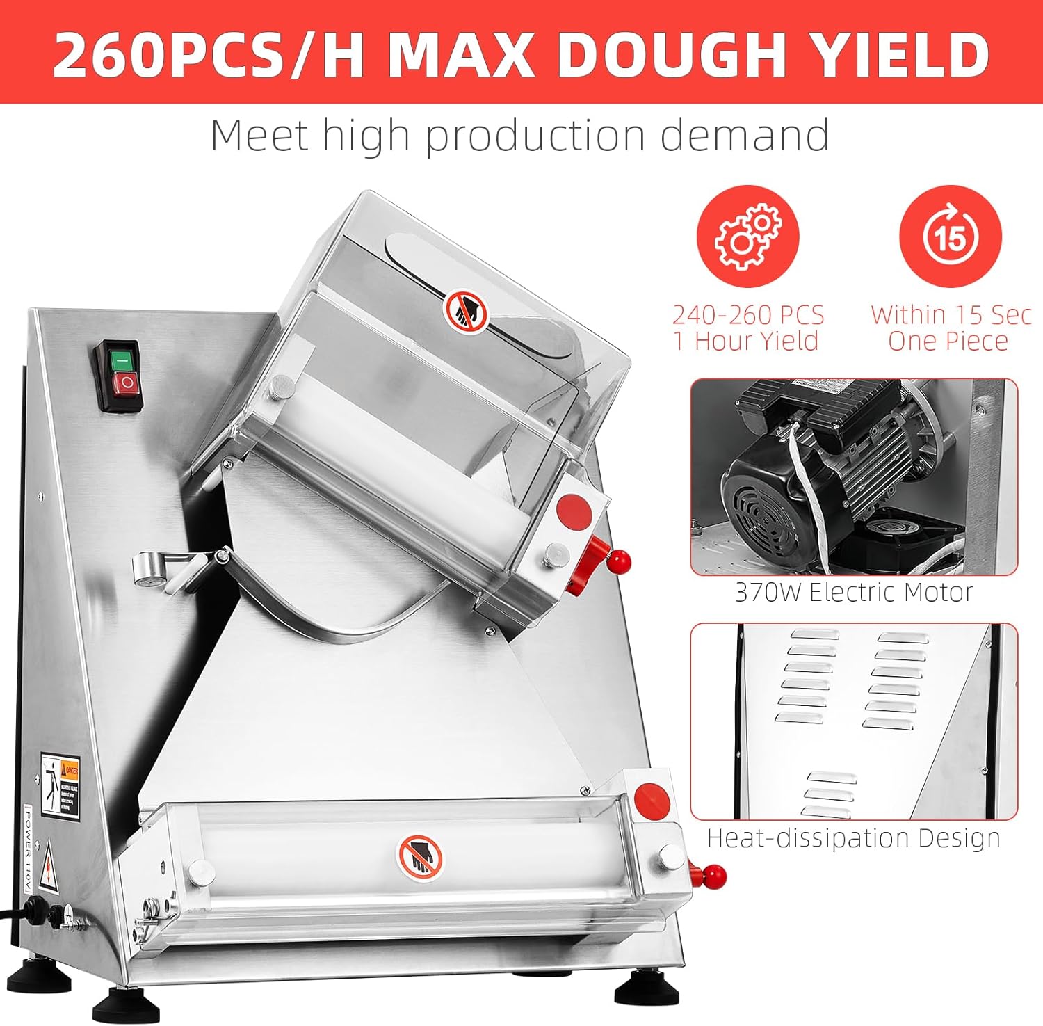 Commercial Pizza Dough Roller Sheeter, Max 12", Automatic 370W Electric Pizza Dough Roller, Stainless Steel, Suitable for Noodle, Pizza Bread and Pasta Maker Equipment
