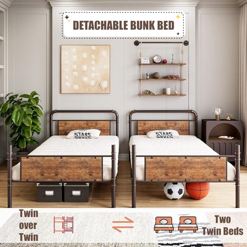 IDEALHOUSE Metal Bunk Bed Twin Over Twin, Twin Bunk Beds, Heavy Duty Twin Size Metal Bunk Bed with High Guardrail & Ladders, Convertible Bunk Beds for Kids Adults, No Box Spring Needed