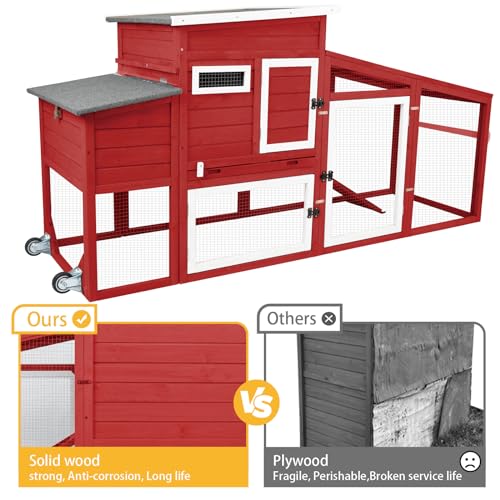 78" Wooden Chicken Coop with Nesting Wheels,Outdoor Mobile Hen House Poultry Pet House with Wheels,Removable Tray,UV Proof Asphalt Roof,Ramp Run for Backyard Garden(White/Red)