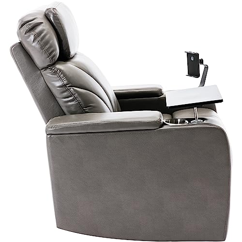 Power Motion Recliner PU Leather Reclining Chair w/Hidden Arm Storage,Swivel Tray &Cup/Pad Holder for Living Room,Electric Single Sofa Club Chair w/USB,LED &Stereo System for Home Theater (Light Grey)