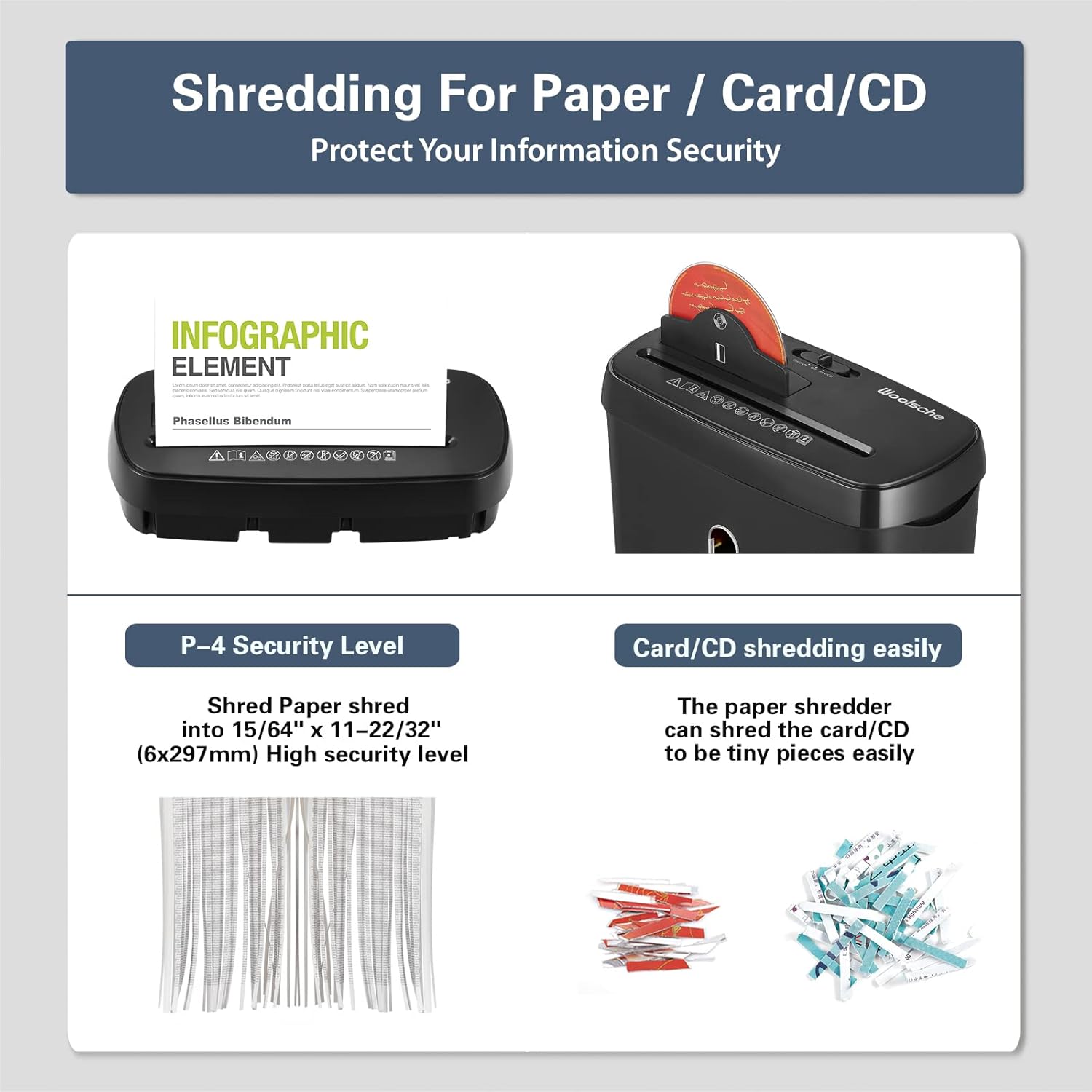 Woolsche Home Office Shredders C220P 6-Sheet Cross Cut Removable, Low Noise Desktop Paper Shredder with Security Lock, P-4 Security Level Shreds Paper/Credit Card