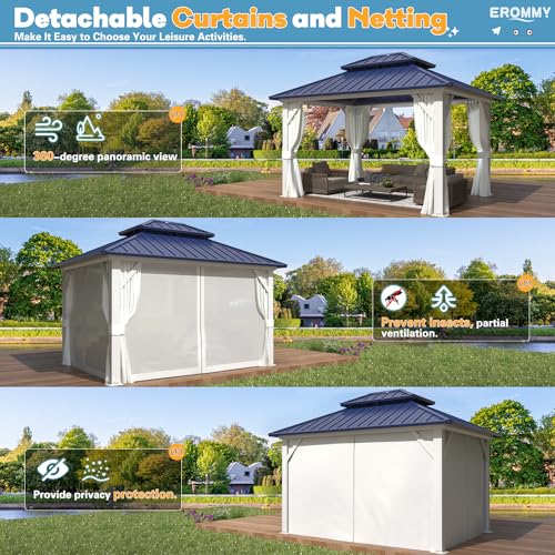 EROMMY 14'x20' Hardtop Gazebo Double Roof Galvanized Steel Canopy Outdoor Aluminum Frame Permanent Metal Pavilion with Netting and Curtains for Patio Backyard Deck and Lawns