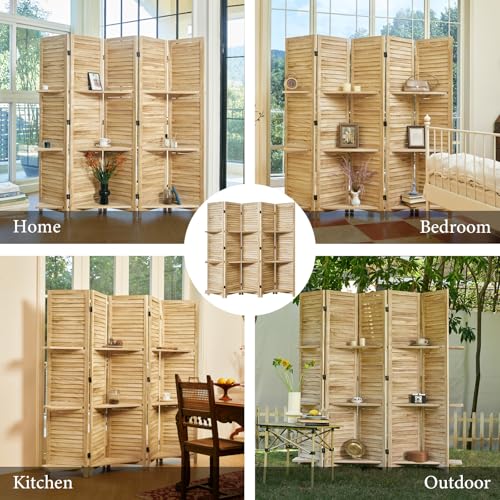 Room Divider with Shelves, 5.6 Ft Tall Folding Wood Screen with Double Hinges for Home Office Bedroom Hotel Decoration (6 Panels, Brown)