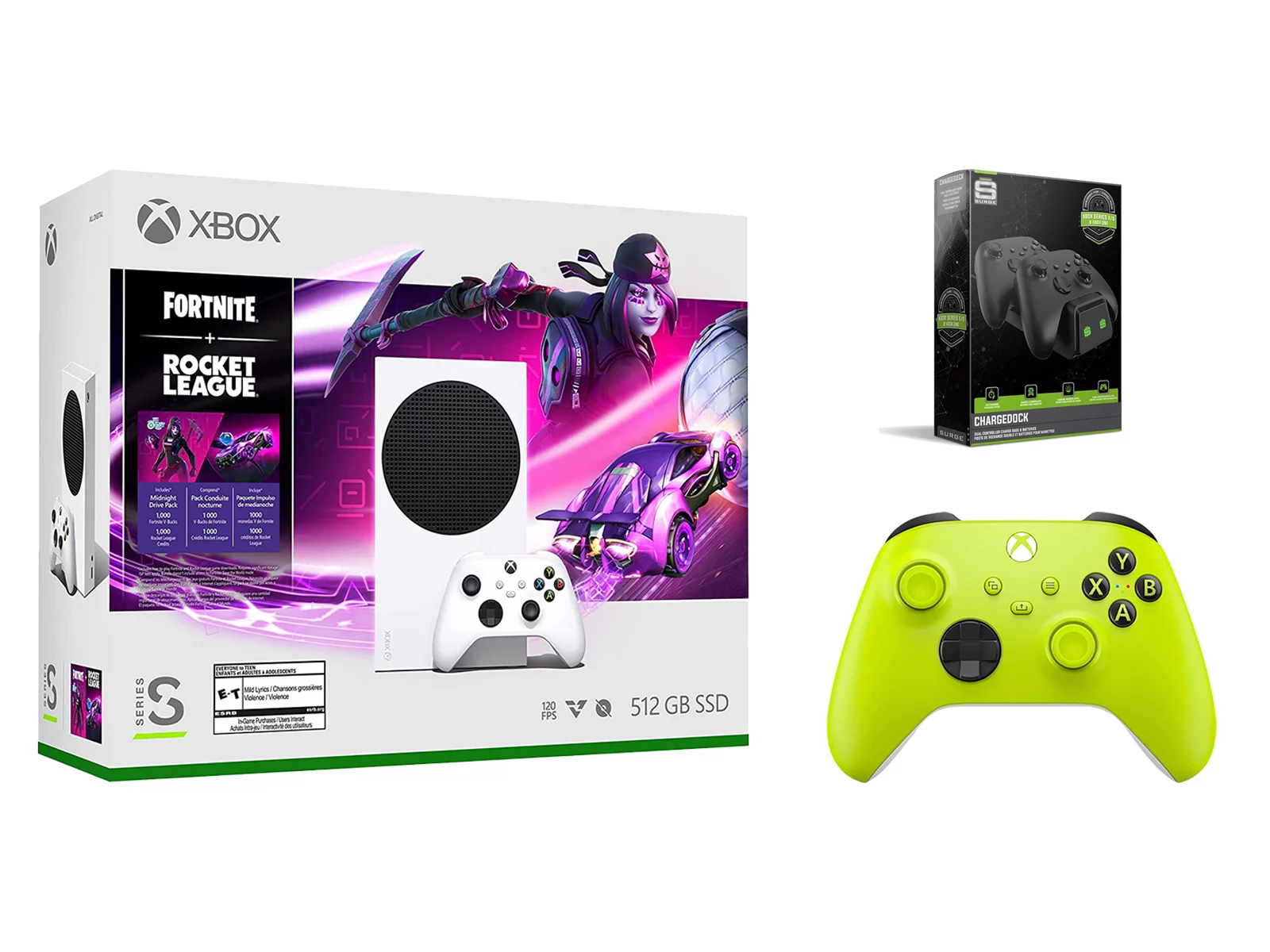 Microsoft Xbox Series S Console Fortnite Rocket League with Extra Electric Volt Controller and Dual Charge Dock