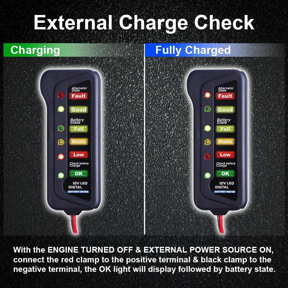 Cartman 12V Car Battery Alternator Tester, Test Battery Condition & Alternator Charging, LED Indication Pack of 2