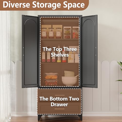 Metal Storage Cabinet with Doors and Shelves, 71 Inch Tall Kitchen Pantry Cabinet, Pantry Cabinets for Kitchen Storage, Freestanding Cupboard for Living, Dining Room, White, Assembly Required