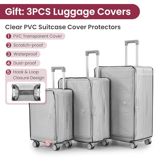 Merax 3 Piece Luggage Sets, Expandable Carry On Luggage with TSA Lock Airline Approved, PC Hard Shell and Lightweight Suitcase with Front Pocket and Spinner Wheels, Silver