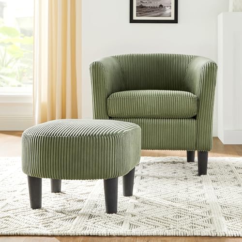 Accent Chair with Ottoman, Modern Barrel Comfy Corduroy Fabric Armchair and Footrest Set, Single Sofa Chair Upholstered Round Arms Chair for Living Room Bedroom Reading Room Office, Green