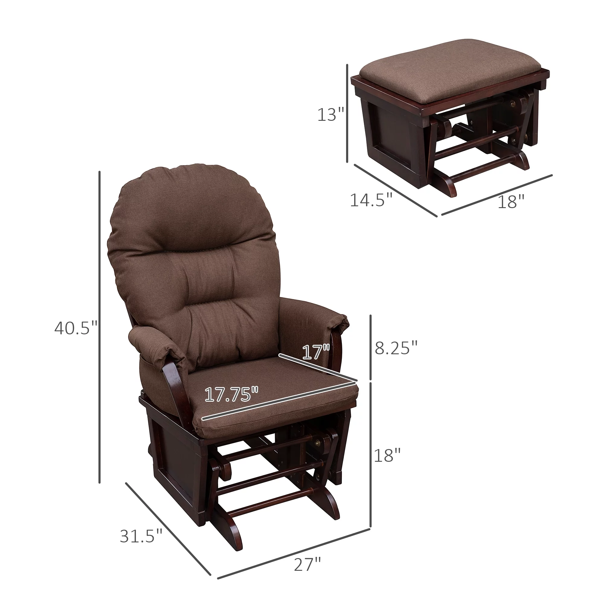 HOMCOM Nursery Glider Rocking Chair with Ottoman, Thick Padded Cushion Seating and Wood Base, Brown