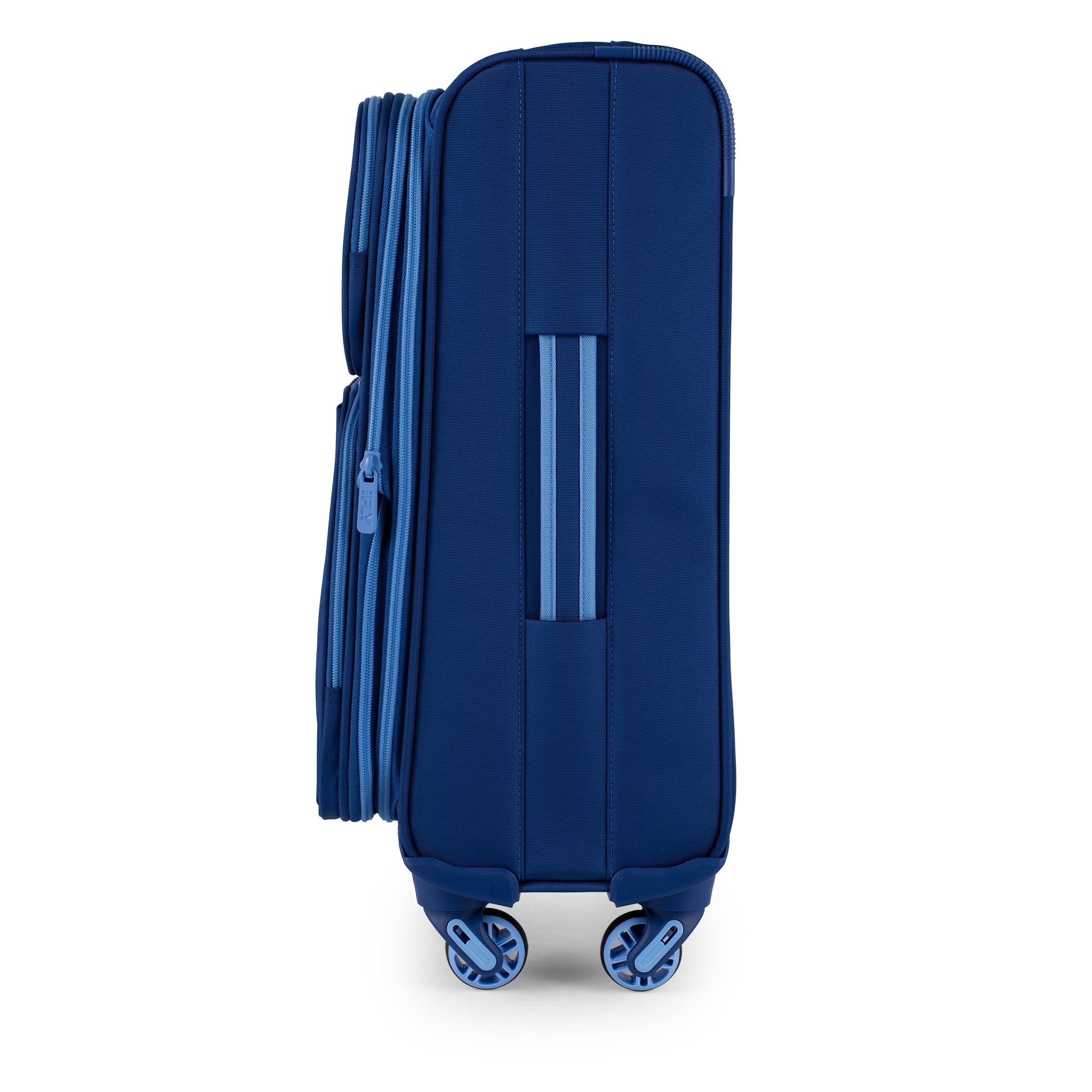 iFLY Softside Accent 3 Piece Set 4-Wheel Spinner, 20" Carry-on, 24" Checked Luggage and 28" Checked Luggage, Navy/Light Blue