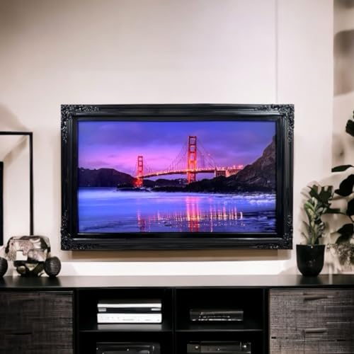 TV frame for Samsung The Frame TV, fits 32, 43, and 50 inch TVS. Glossy Black Finish (not for use with other models). Handmade wood ornate TV Frame.