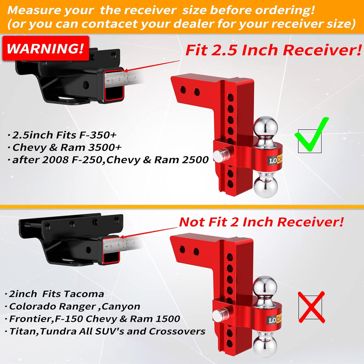 LOCAME Adjustable Trailer Hitch, Fits 2.5-Inch Receiver, 8-Inch Drop/Rise Aluminum Drop Hitch ,18,500 LBS GTW--Tow Hitch for Heavy Duty Truck with Double Stainless Steel Locks, Red, LC0015