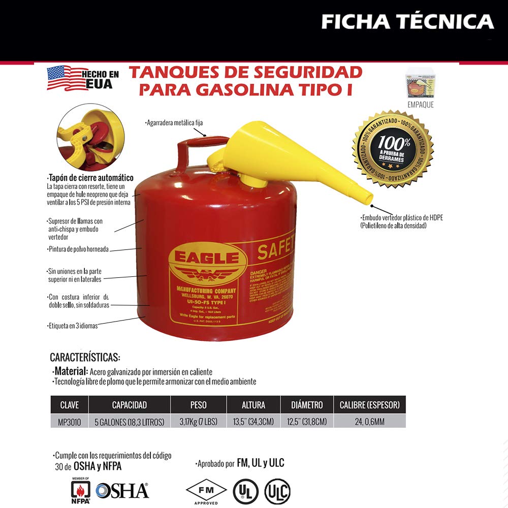 Eagle UI-50-FS Red Galvanized Steel Type I Gasoline Safety Can with Funnel, 5 gallon Capacity, 13.5 Height, 12.5 Diameter,Red/Yellow