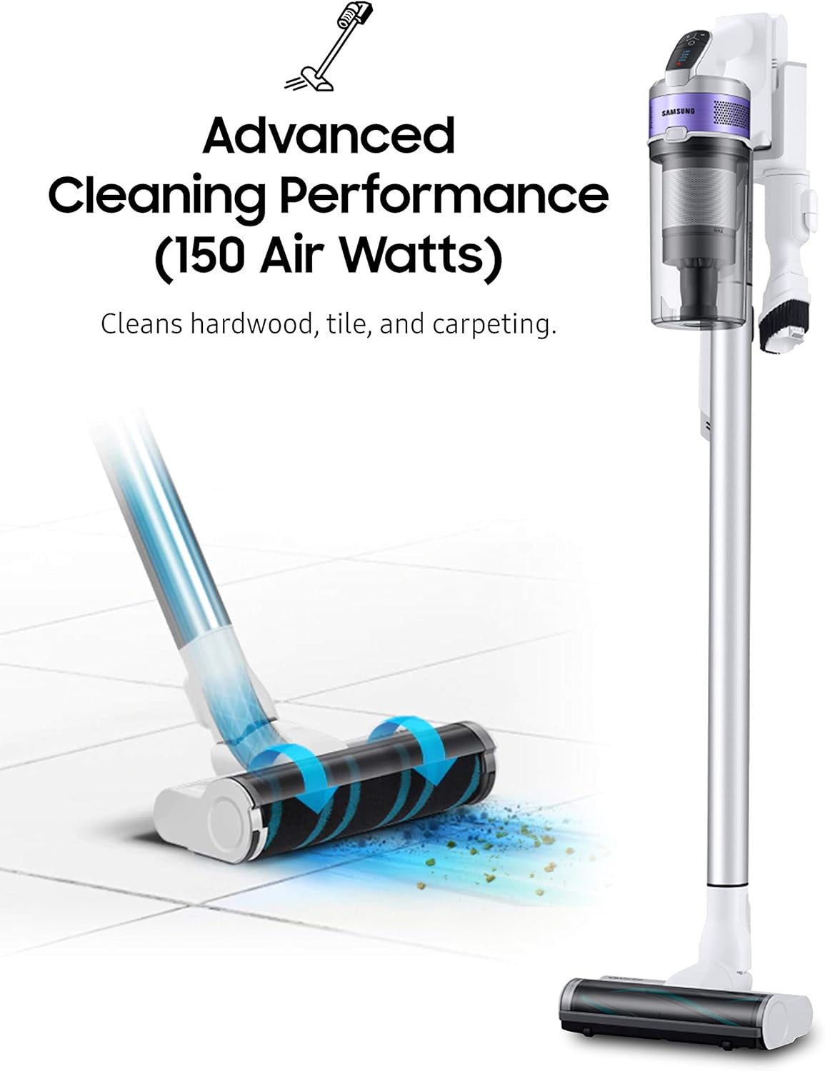 Samsung Jet 70 Pet Cordless Stick Vacuum Long Lasting Battery and 150 Air Watt Suction Power, Complete with Mini Motorized Tool, Violet