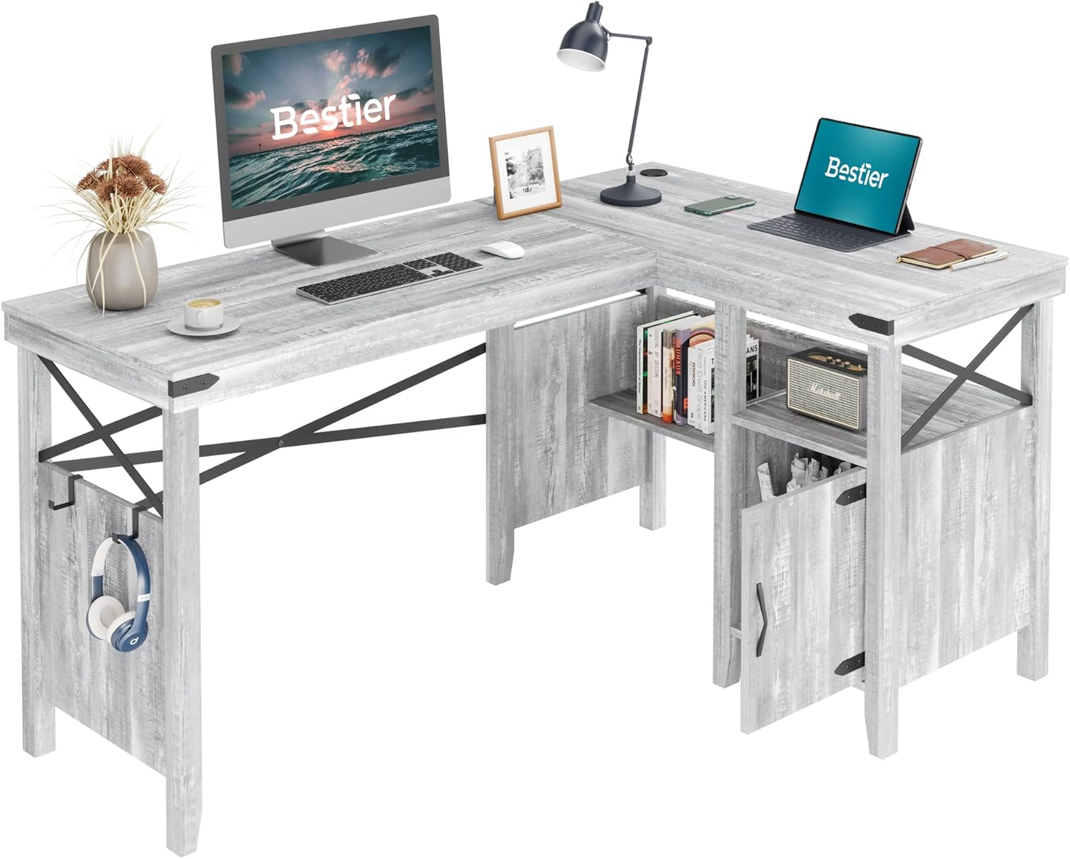 Bestier Farmhouse Computer Desk with Storage Cabinet, 55 Inch Home Office Table with Bookshelf, Rustic Brown