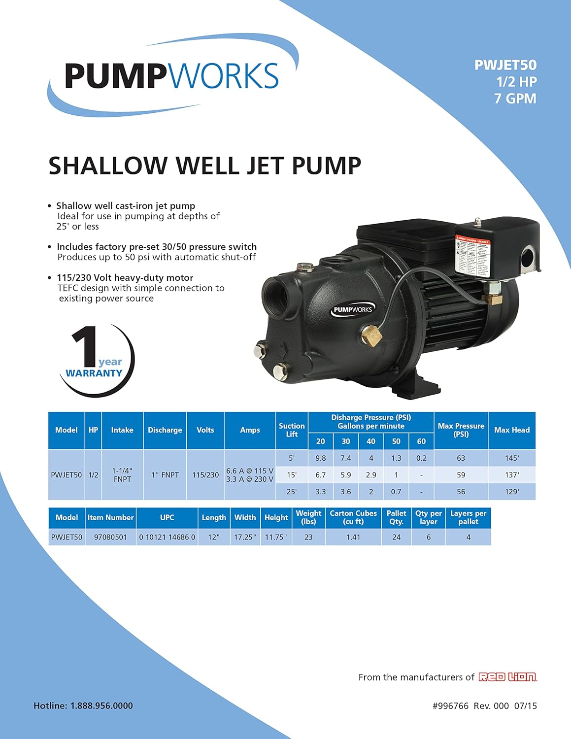 Red Lion PWJET50 Cast Iron Shallow Well Jet Pump Wells up to 25 Feet , Black , 0.5 HP - 97080501