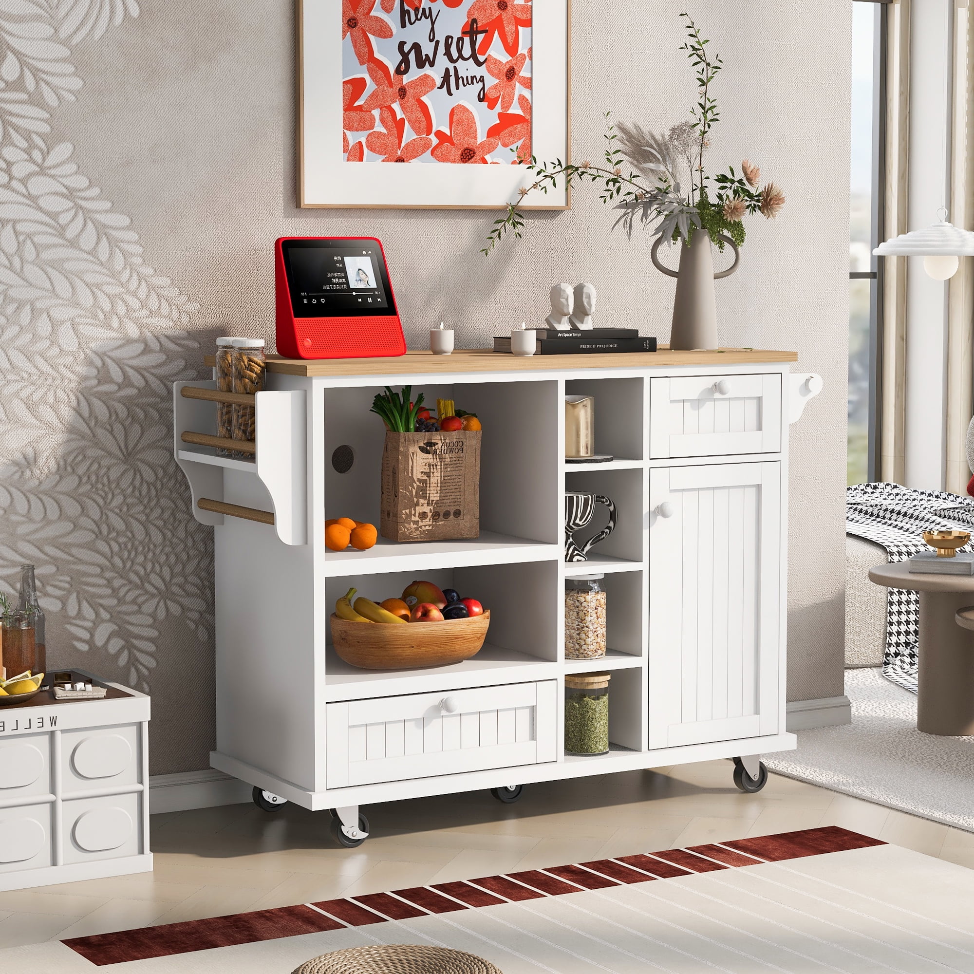 DEALTOPS Kitchen Island Cart with Storage Cabinet and Two Locking Wheels,Solid Wood Desktop,Microwave Cabinet,Floor Standing Buffet Server Sideboard for Kitchen Room,Dining Room,Bathroom-White - Curated Treasures Market