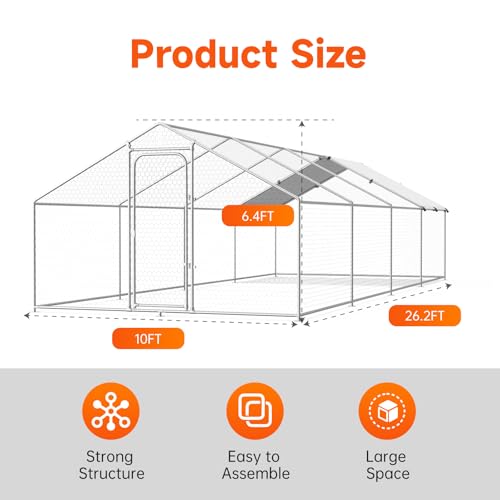 Large Metal Chicken Coop, Chicken Run Poultry Cage Hen with Water-Resident and Anti-UV Cover for Duck Rabbit House Outdoor Walk-in Chicken Pen for Yard, Dome Roof(10’ W x 19.7’ L x 6.4’ H)