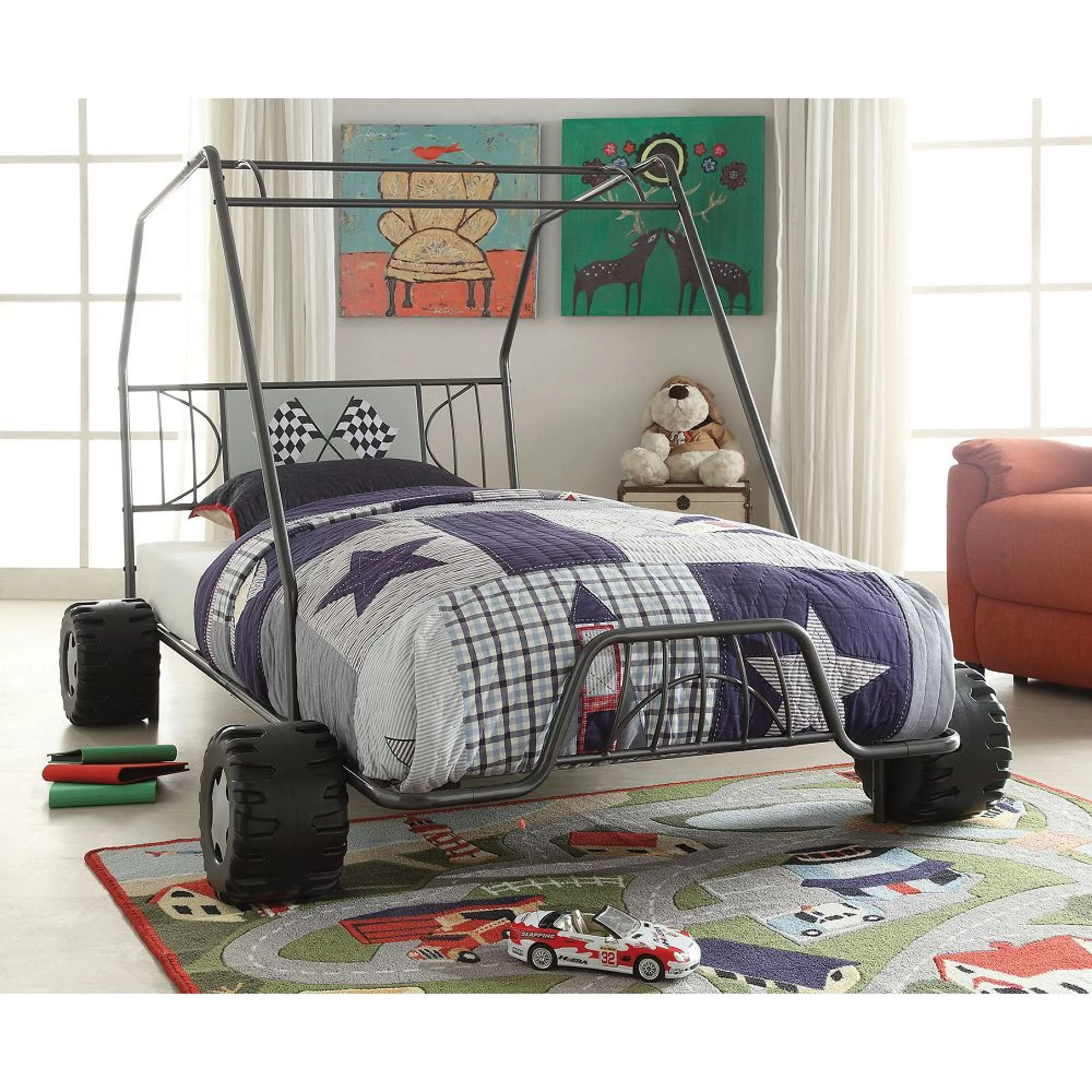 Miekor Furniture Xander Twin Car Bed in Gunmetal Metal Go Kart Dune Buggy Frame Boys Racing Slat Style