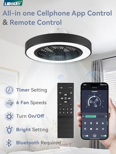 LEDIARY 20 Inch Low Profile Ceiling Fan with Light, Led Bladeless Ceiling Fan, Remote Control Enclosed Flush Mount Ceiling Fan with Timming, 3000-6500K, 6 Wind Speed, 2800LM, 62W…