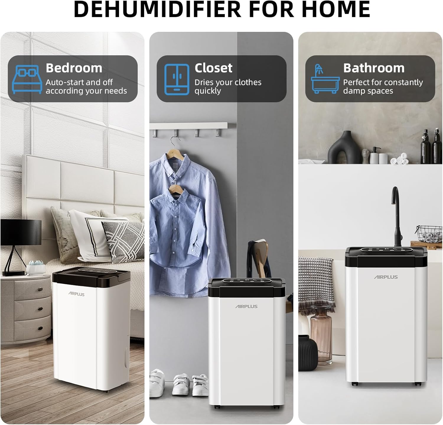AIRPLUS 4,500 Sq. Ft. 50-70 Pints Dehumidifier for Home and Basement with Drain Hose, 0.8 gal Water Tank Capacity, Auto Shut off for Room, Bedroom, Bathroom