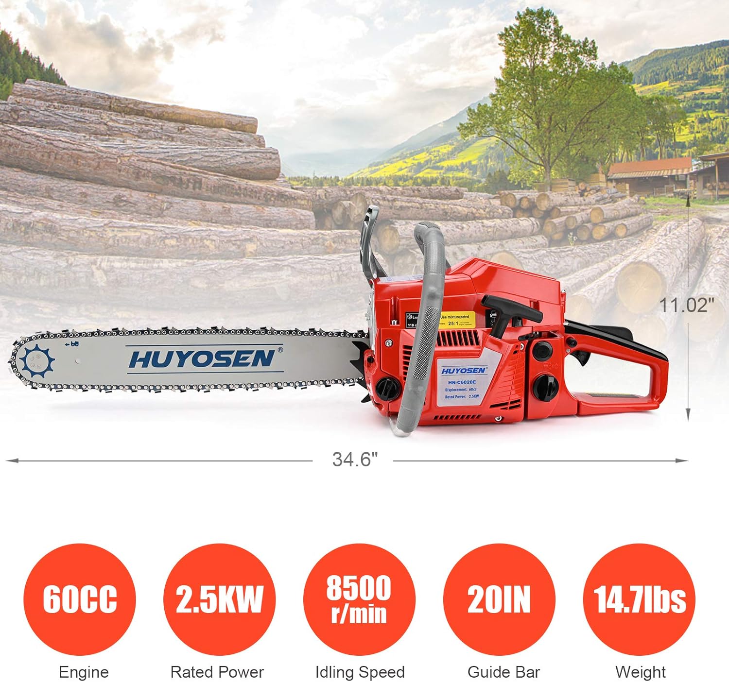 HUYOSEN 60CC 2-Cycle Gas Powered Chainsaw, 20-Inch Chainsaw, Cordless Handheld Gasoline Power Chain Saws for Cutting Trees, Wood, Garden and Farm(HN-C6020E)
