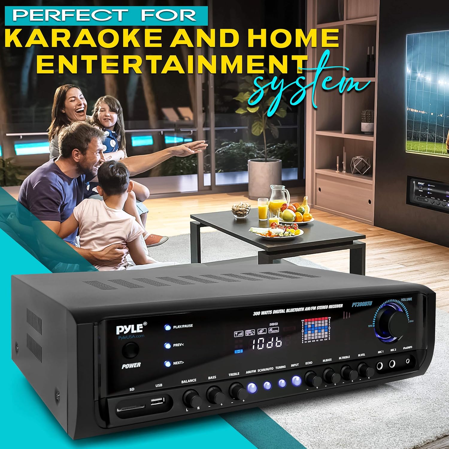 Pyle Wireless Bluetooth Power Amplifier System 300W 4 Channel Home Theater Audio Stereo Sound Receiver Box Entertainment w/ USB, RCA, 3.5mm AUX, LED, Remote for Speaker, PA, Studio- PT390BTU,BLACK