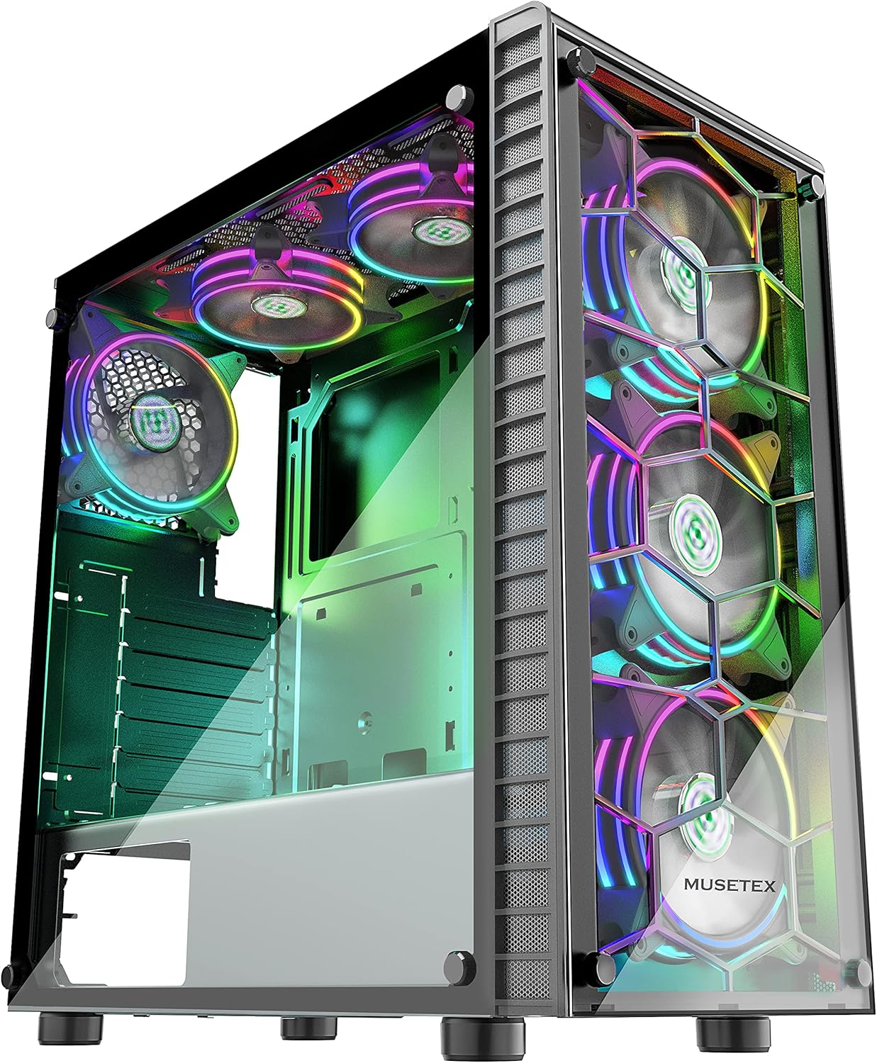 MUSETEX Mid-Tower ATX PC Case, Computer Gaming Case with 6pcs 120mm ARGB Fans, 2 Tempered Glass Panels Desktop Cases, USB 3.0, White, S6-BB
