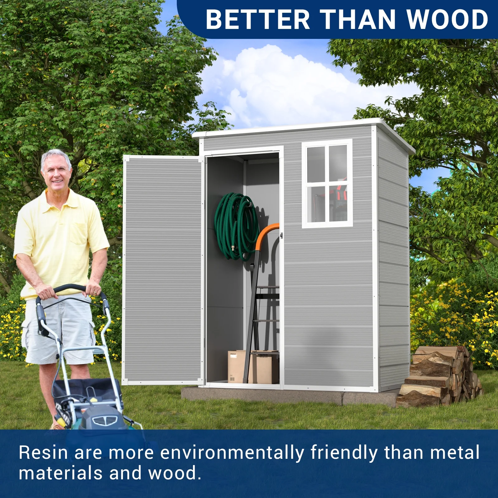 ELPOSUN Outdoor Storage Shed 5x3 FT, Resin Garden Shed for Bike, Garbage Can, Tool, Plastic Outside Sheds & Outdoor Storage Storage Box with Lockable Door for Backyard, Patio, Lawn, Grey & White
