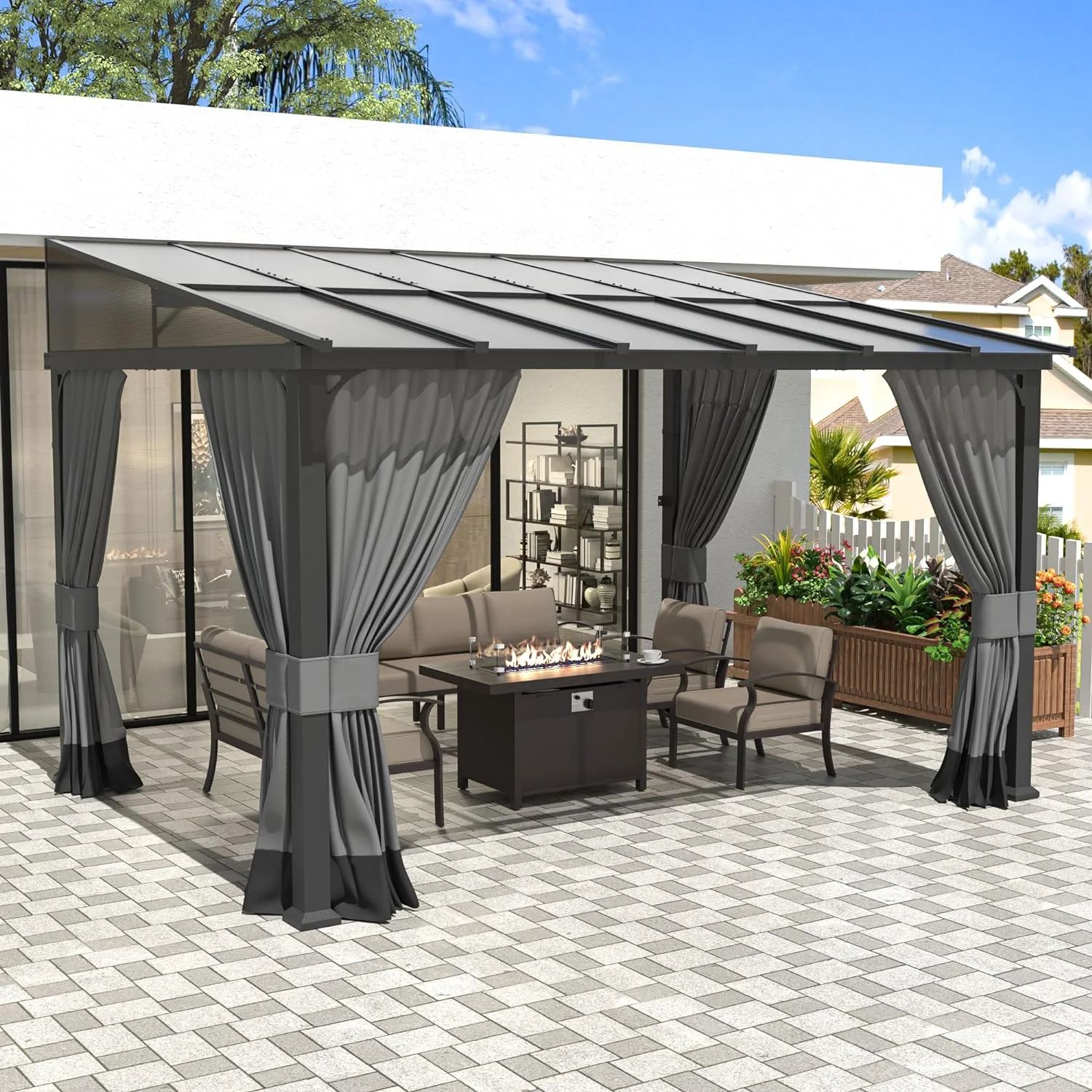 Outdoor Lean to Gazebo 10x24FT, Hardtop Wall Mounted Gazebo with Sloping Sun Panel Roof, Awnings for Patio with Metal Frame, Double Curtains for Garden, Lawn, Backyard Deck, Grey