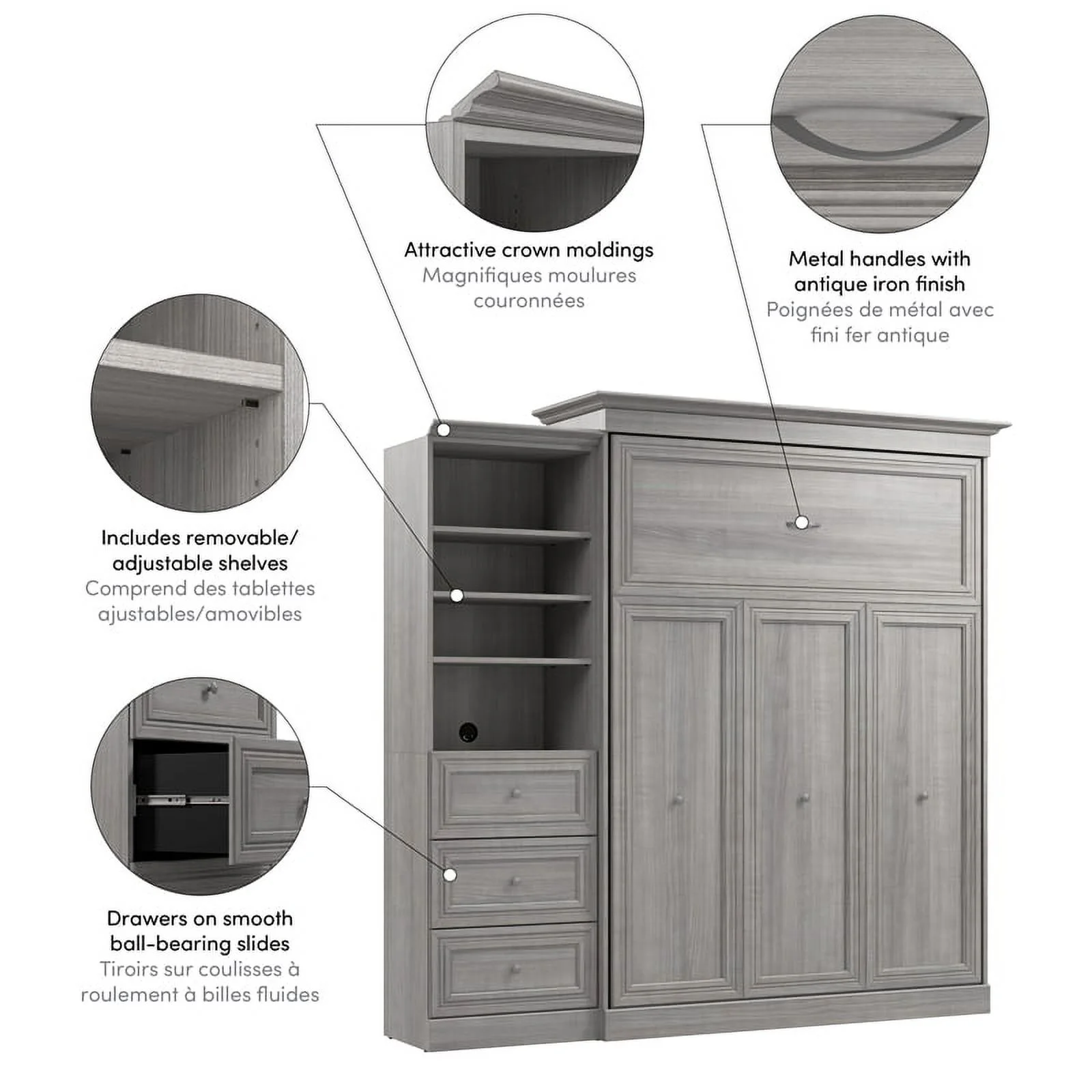 Bestar Versatile Engineered Wood Queen Murphy Bed and Organizer in Platinum Gray