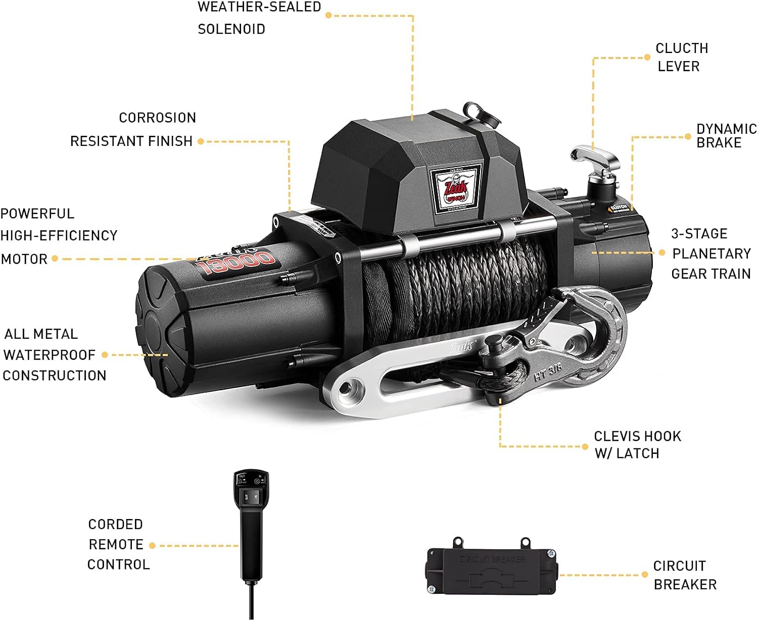 ZEAK 13000 lb. Premium Electric Winch 12V Waterproof Synthetic Rope, Wireless Remote, for Truck SUV